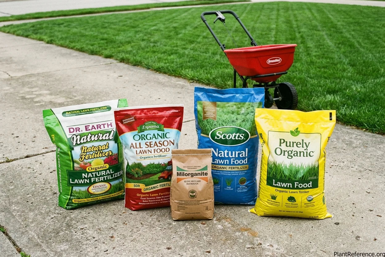 Five bags of organic lawn fertilizer including Espoma Milorganite and others arranged for comparison