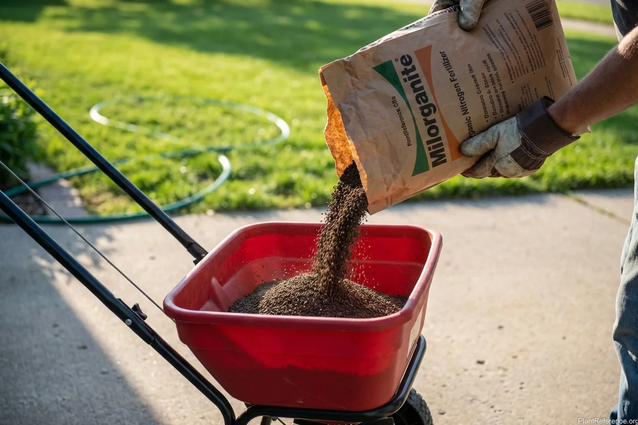 Milorganite organic fertilizer granules being poured from bag into broadcast spreader on driveway