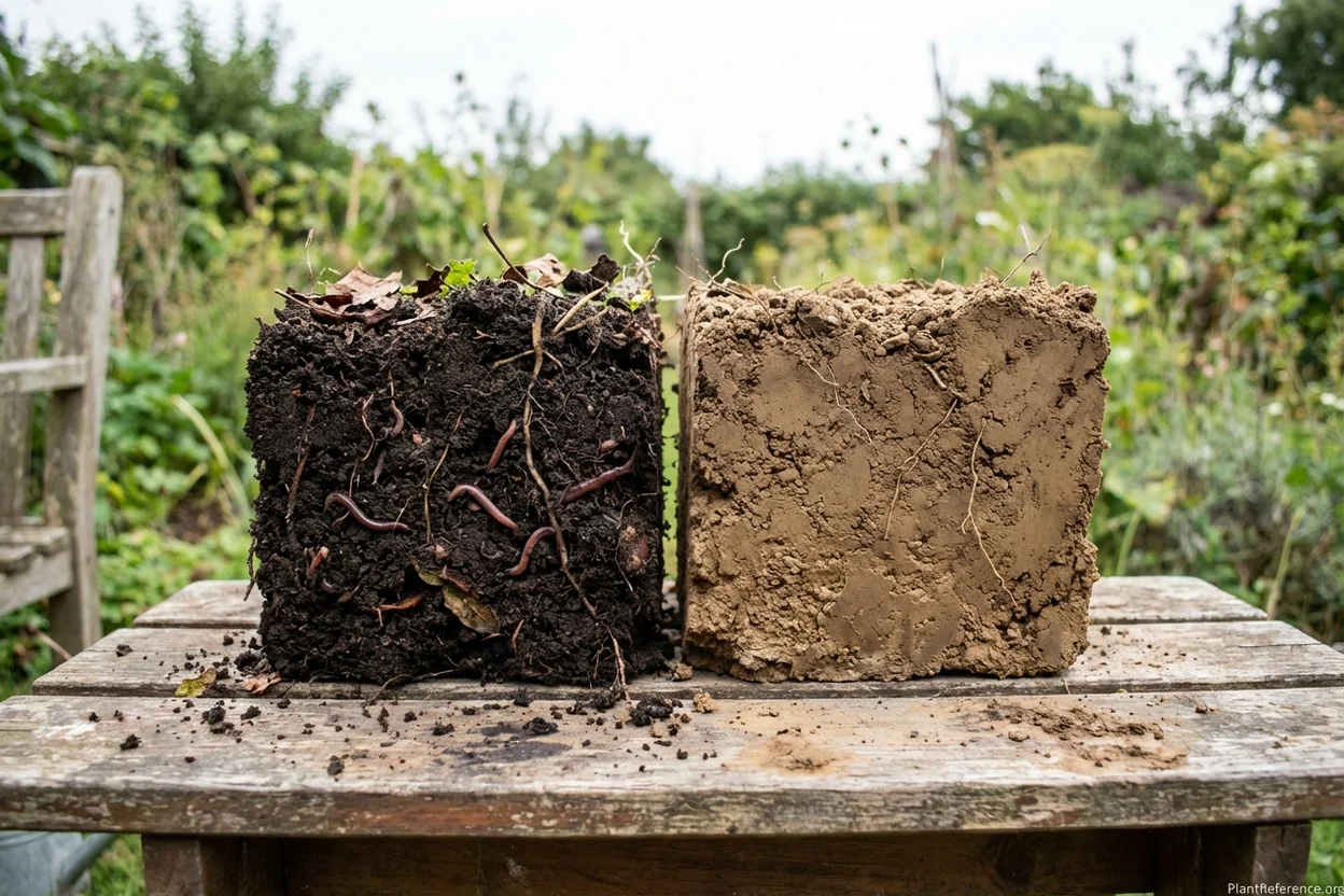 Soil cross-section comparing organic-fed lawn soil with earthworms to depleted synthetic-only soil