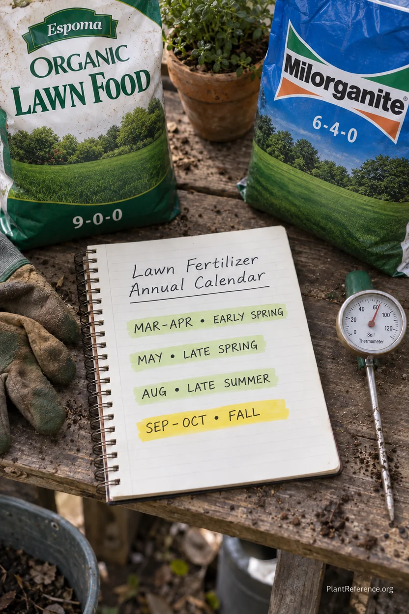 Seasonal calendar showing when to apply organic lawn fertilizer for cool-season grasses