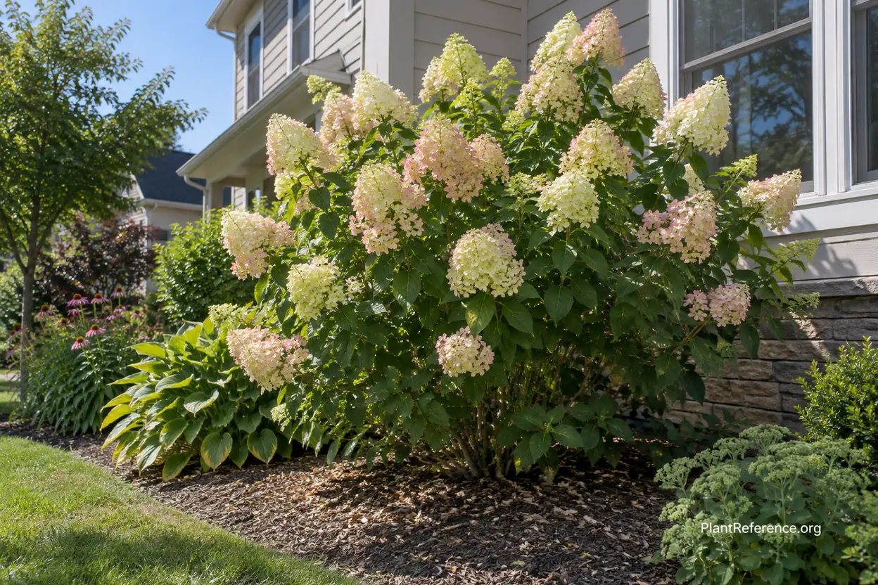 Mature Limelight panicle hydrangea displaying lime-white flowers and broad size