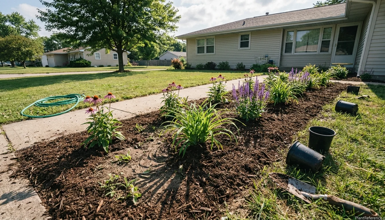 Beginner perennial flower collection planted in a sunny front-yard border with coneflowers and daylilies