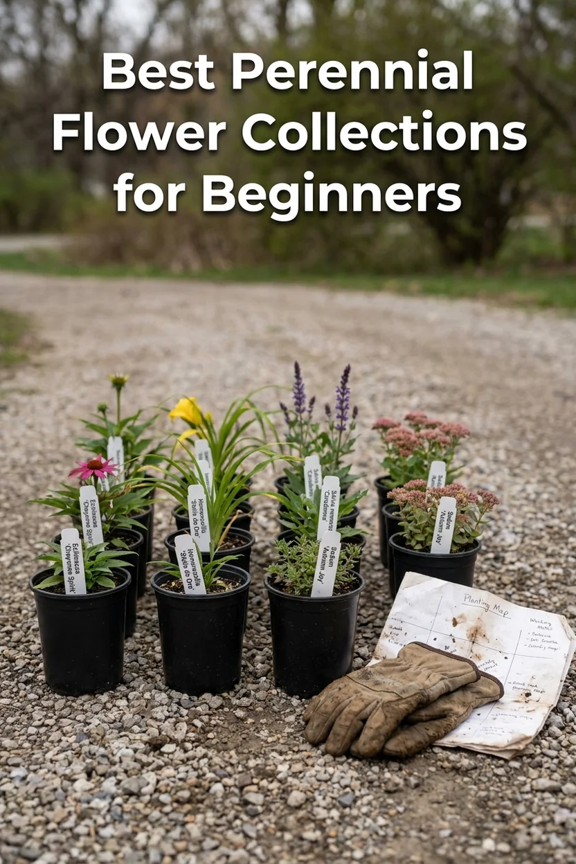 Beginner perennial flower collection in nursery pots arranged before planting with a planting map