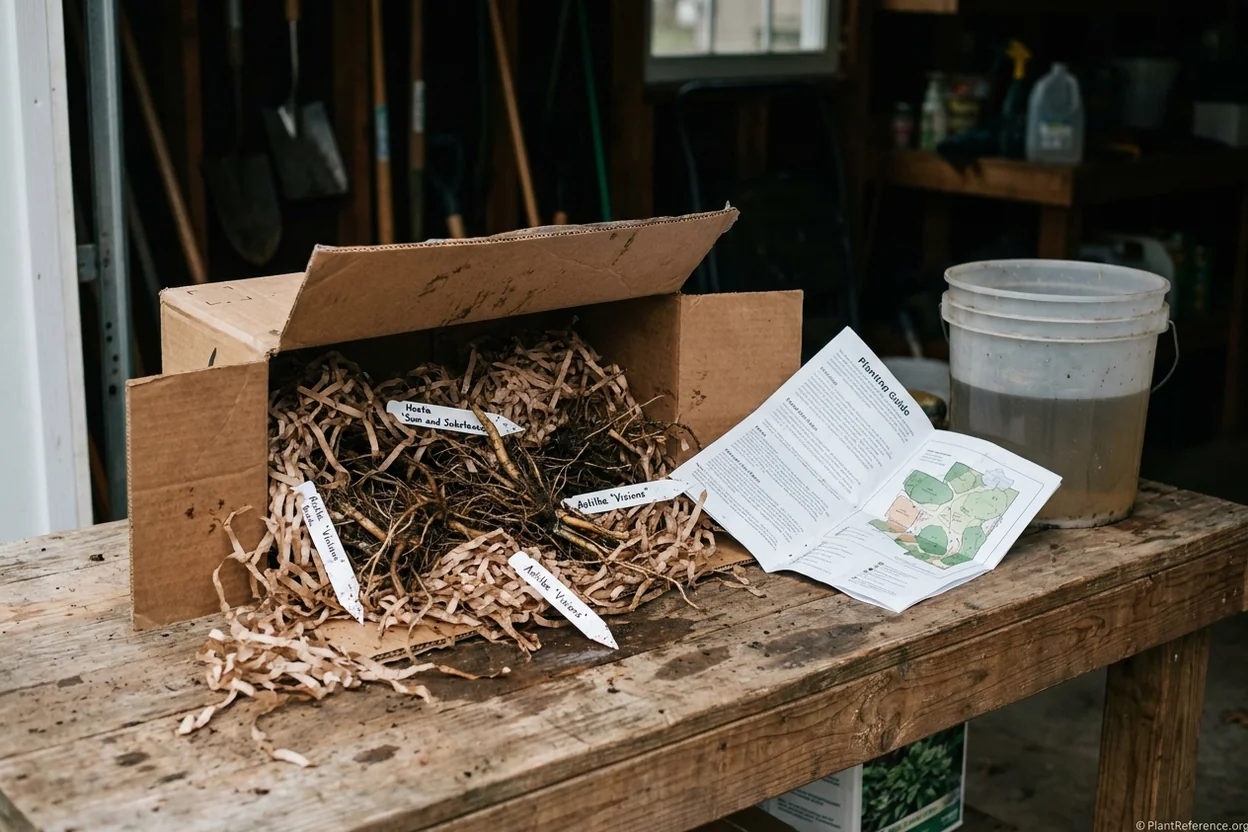 Bare-root perennial collection unpacked from shipping box with planting map and labels