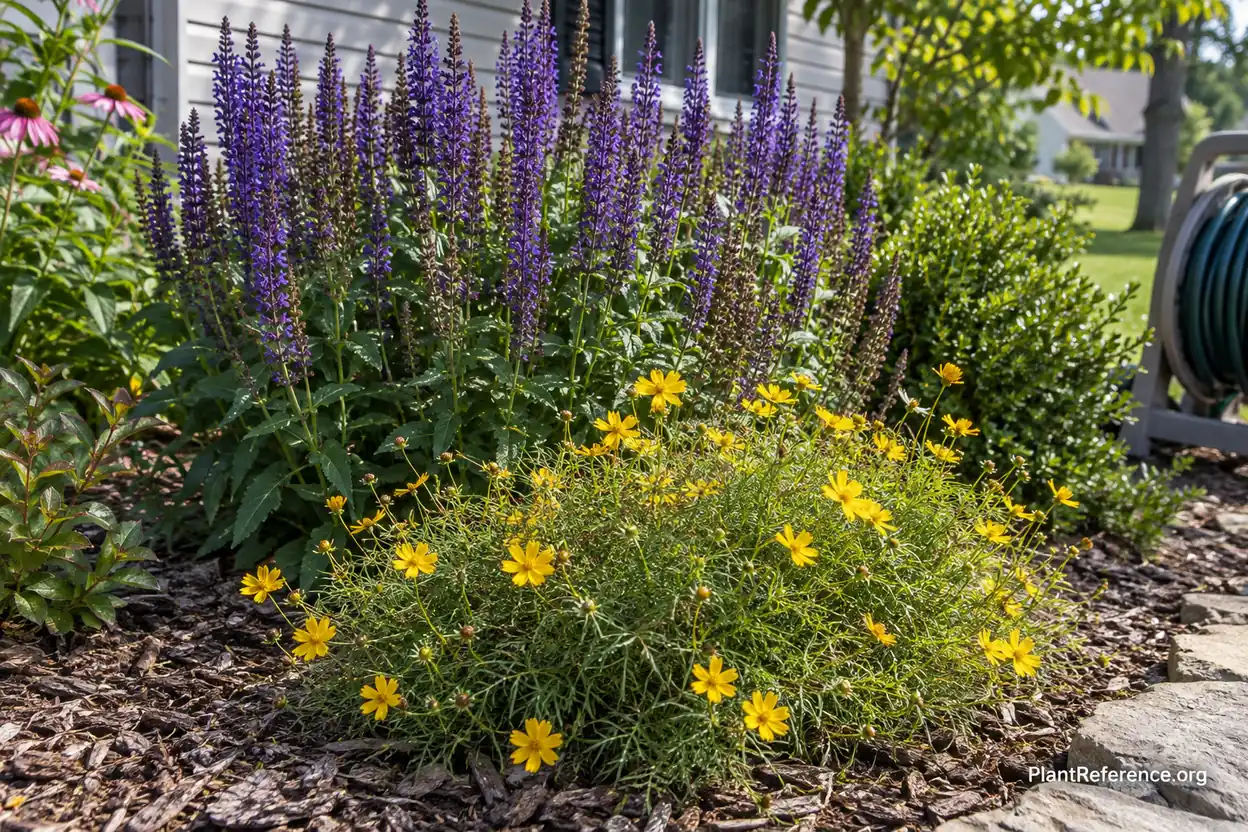 May Night salvia and Zagreb coreopsis perennials blooming together in zone 6 summer garden