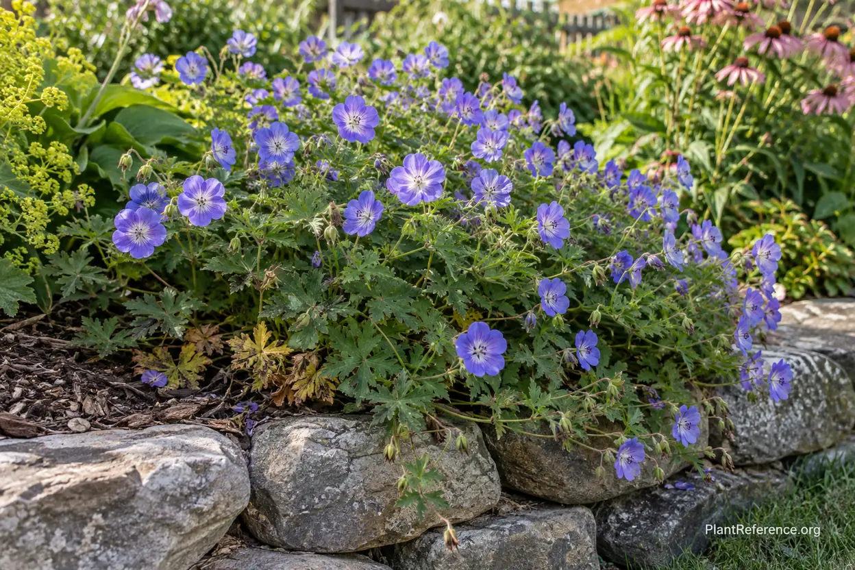 Rozanne geranium blooming all summer along the front of a zone 5 perennial border