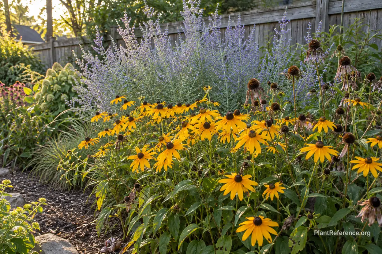 Russian sage and Goldsturm black-eyed Susan perennials blooming in late summer zone 5 garden