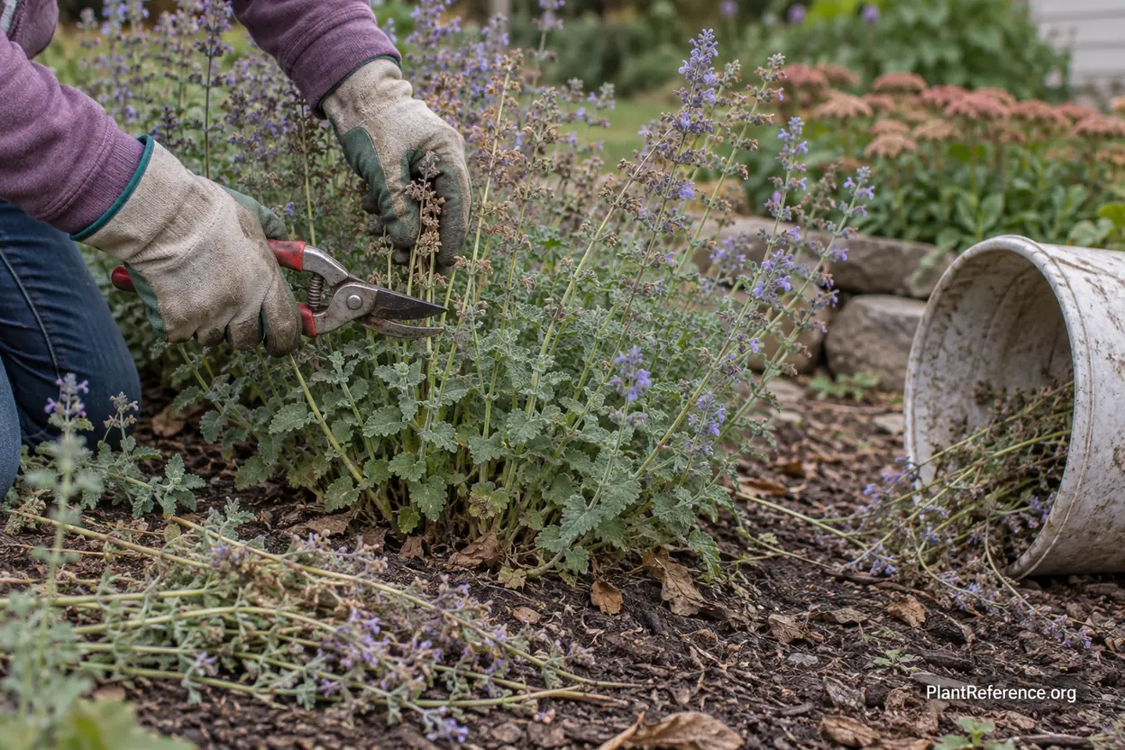 Shearing back catmint in midsummer to encourage perennials to bloom all summer