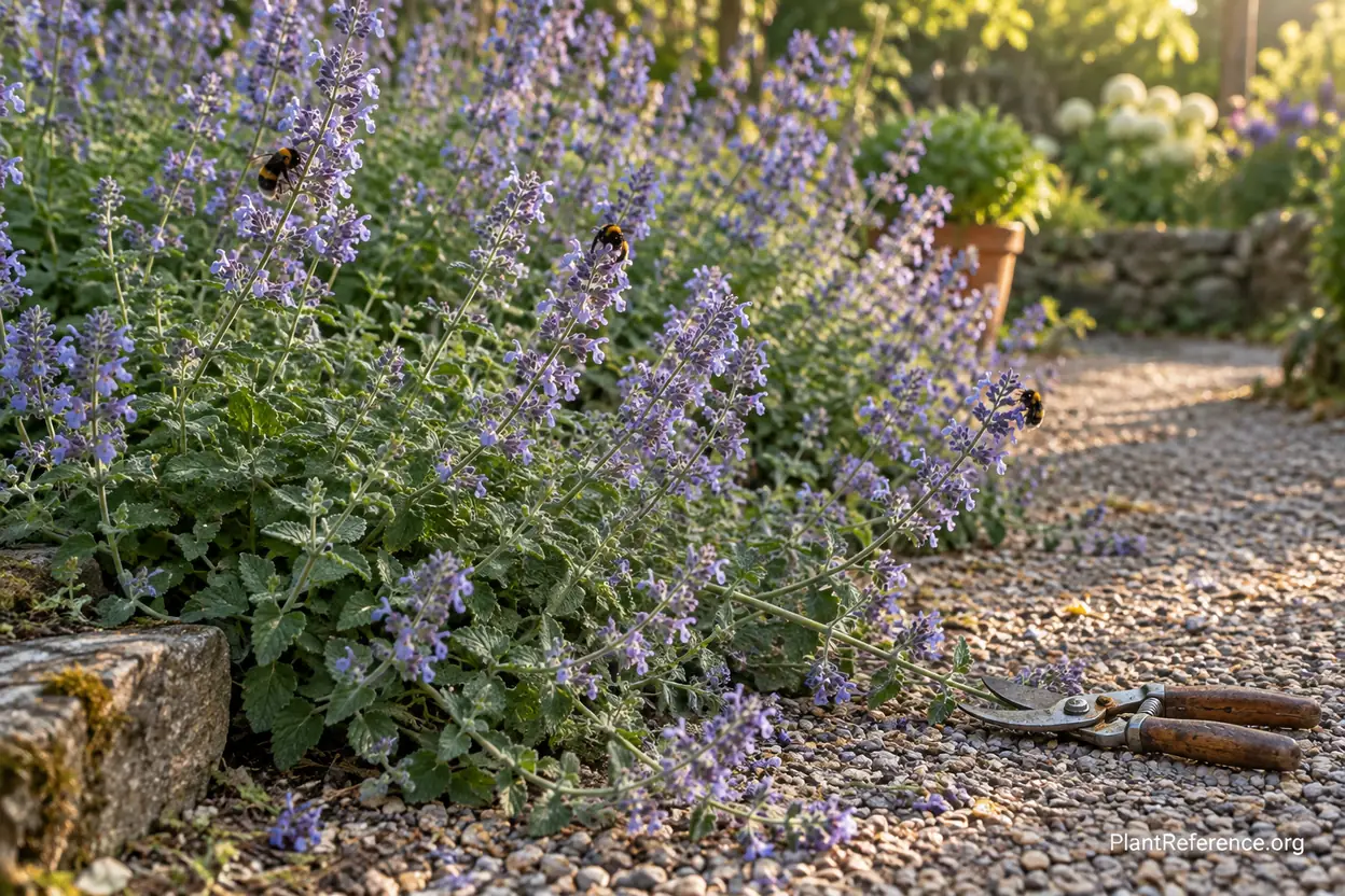 Walker's Low catmint blooming all summer beside a garden path with bees