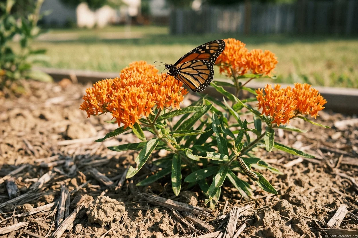 Orange butterfly weed flowers with a monarch butterfly feeding in a native pollinator garden