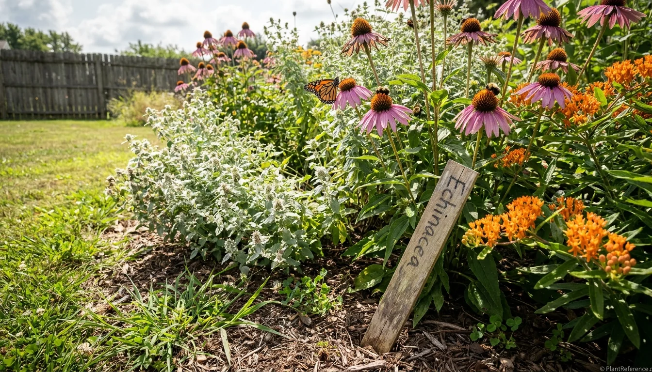 Pollinator perennial border with coneflowers, mountain mint and asters visited by bees and butterflies