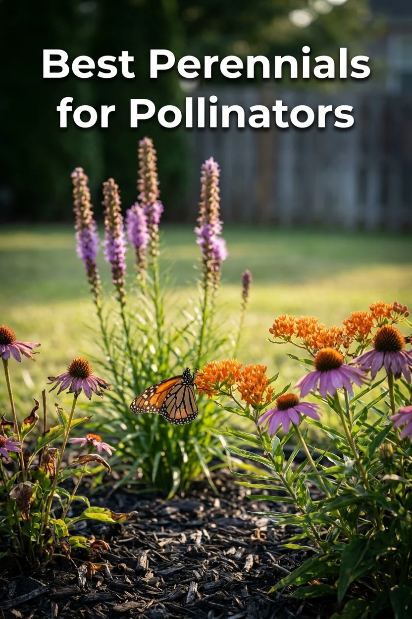 Native and adapted perennials for bees and butterflies shown in a summer pollinator garden