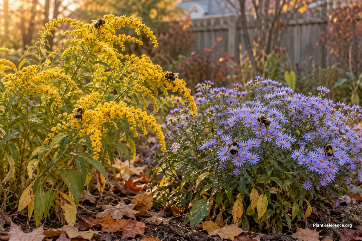 Golden goldenrod sprays and blue aromatic aster blooming together in a late season pollinator border