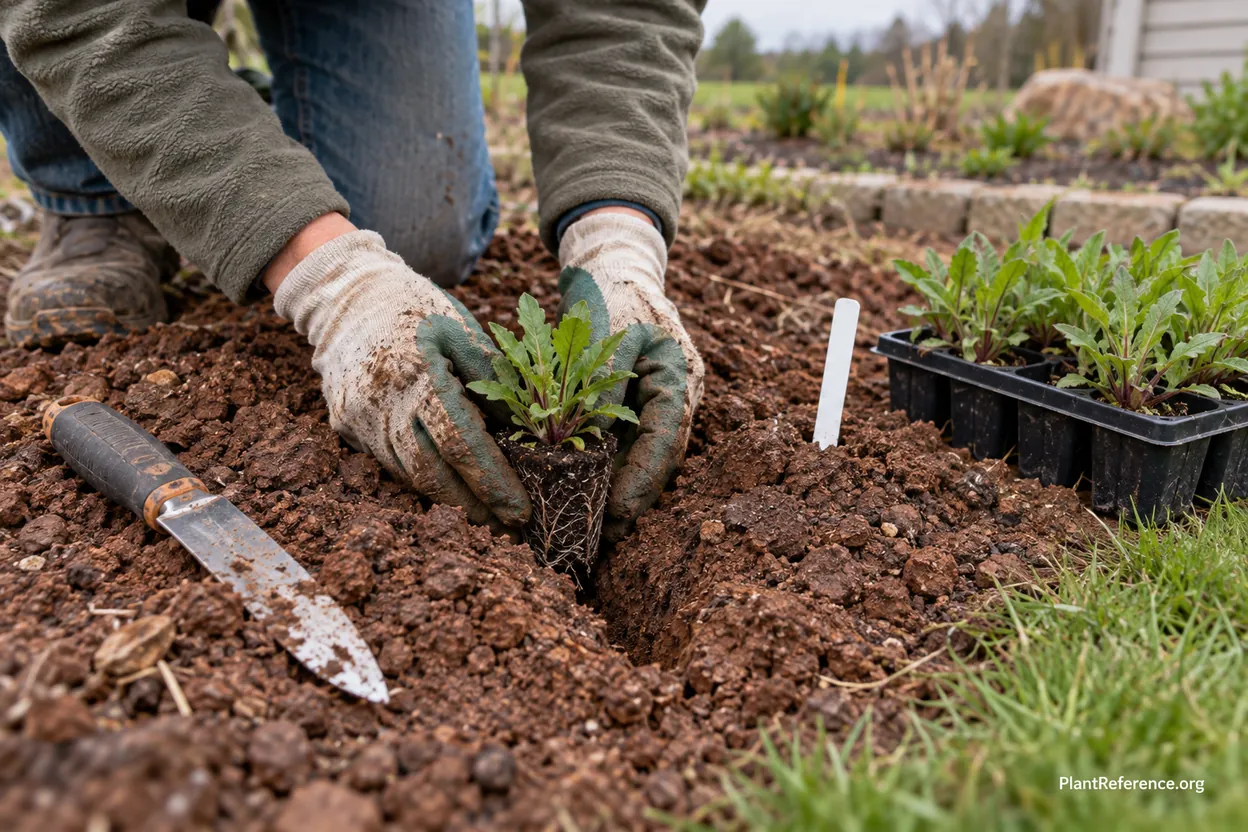 Gardener setting a native perennial plug into clay soil with a soil knife in a new pollinator bed