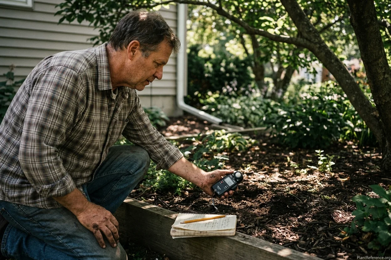 Measuring light levels with a handheld meter in a shaded perennial garden bed