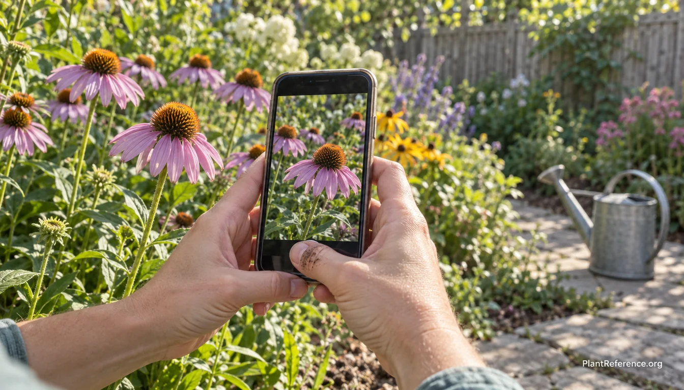 Person using a plant identification app on a smartphone to identify a wildflower in a sunny garden