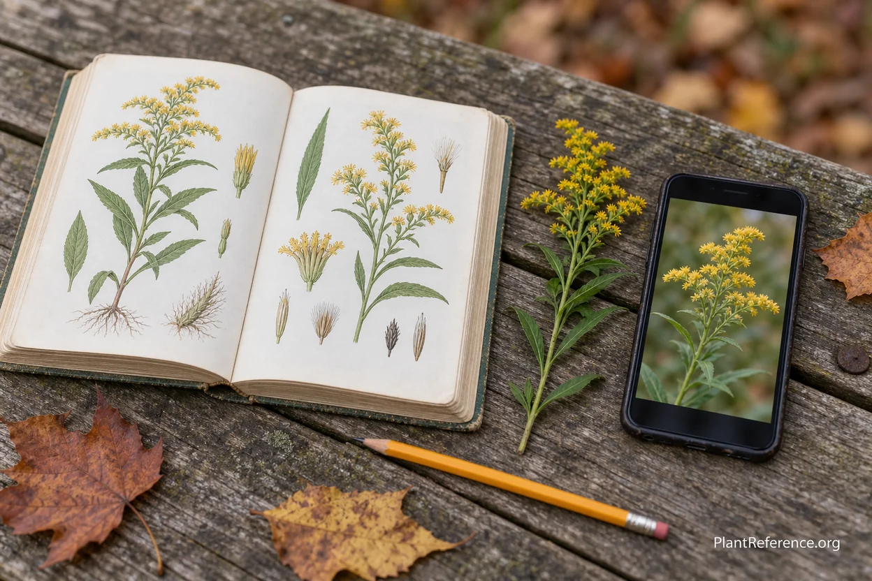 An open plant field guide next to a smartphone used together to confirm a plant identification