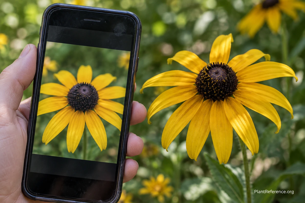 Smartphone scanning a yellow wildflower with a plant identification app showing a match result