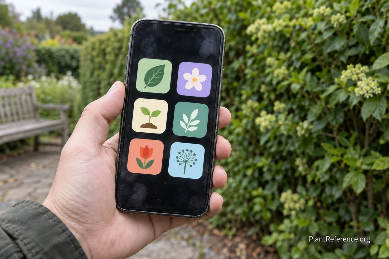 Smartphone home screen with multiple plant identification app icons held outdoors in a garden