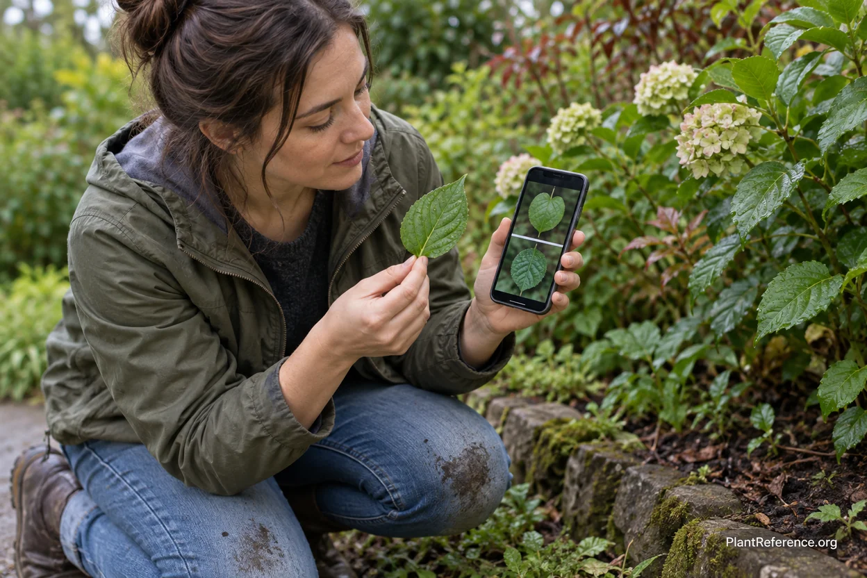 Person comparing ranked plant identification candidates on a phone while holding a real leaf
