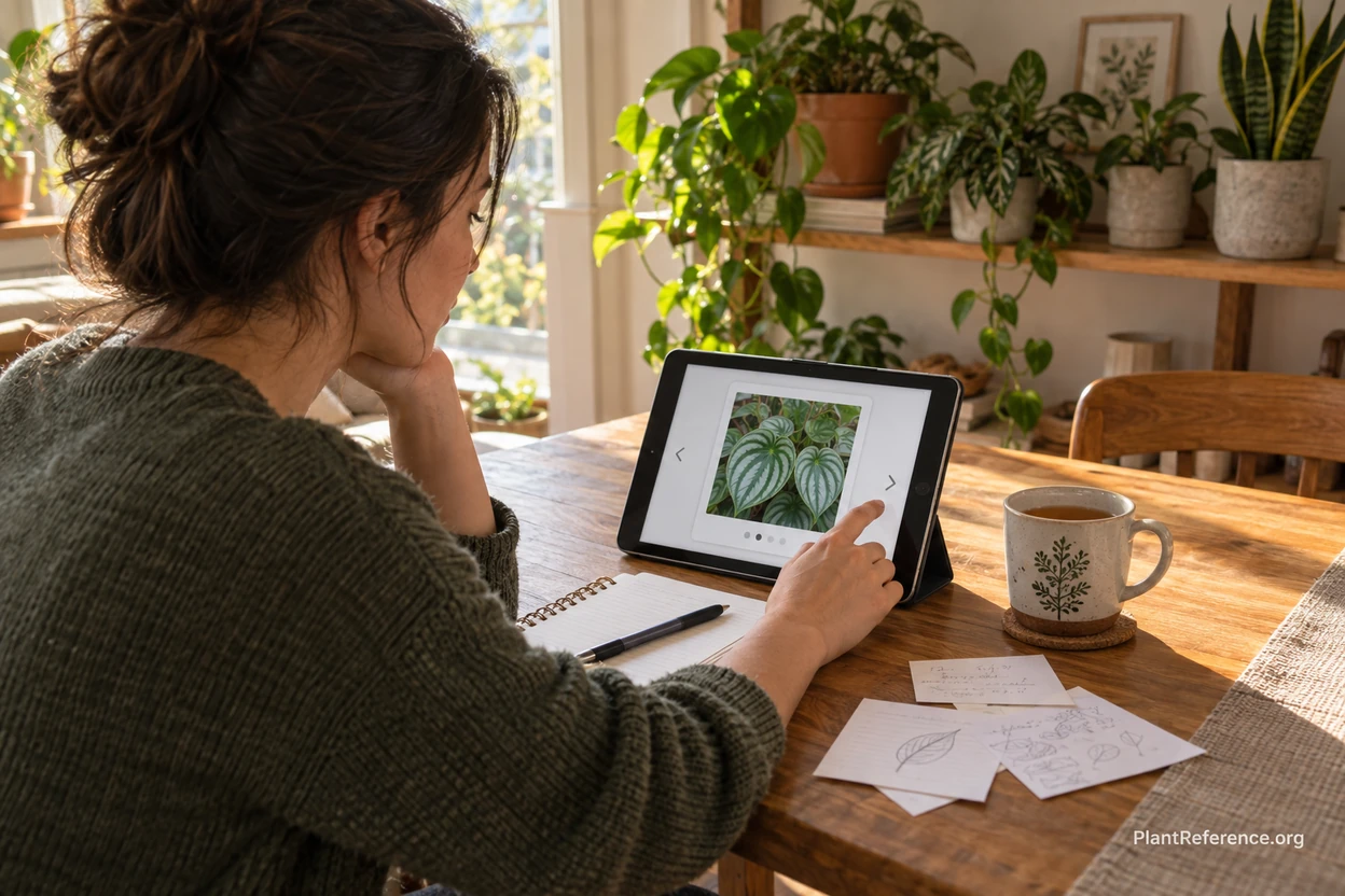 Person studying plant identification flashcards on a tablet at a table surrounded by houseplants