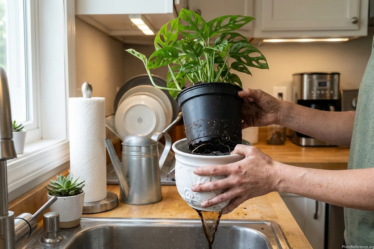 Demonstration of proper cache pot system for monstera with nursery pot inside decorative pot