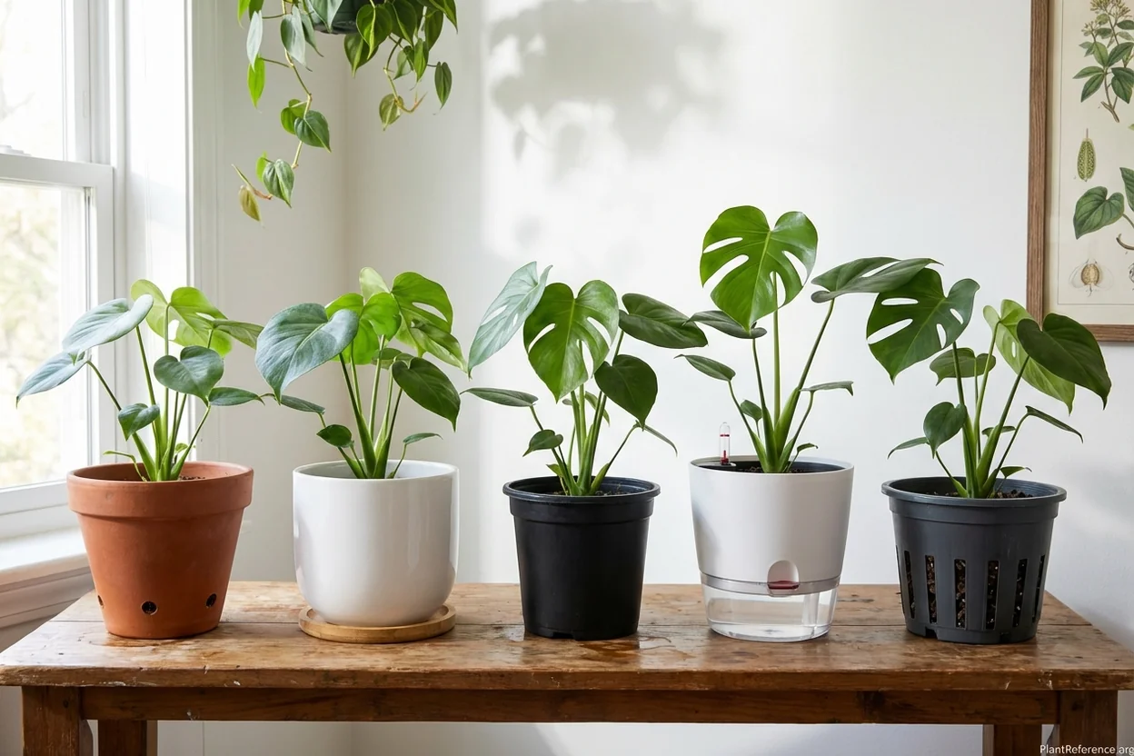 Five best monstera pot types compared showing terra cotta, ceramic, plastic, and self-watering options