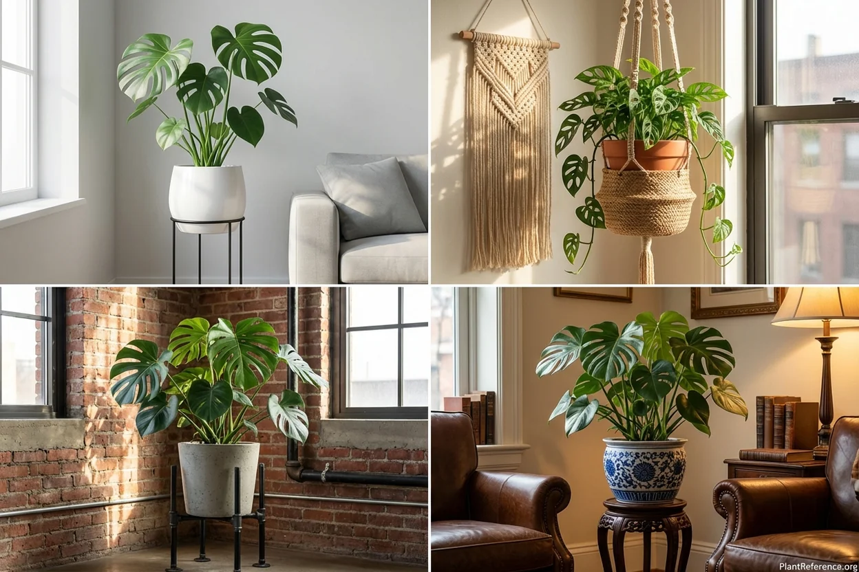 Monstera pots styled for different apartment aesthetics from modern to bohemian