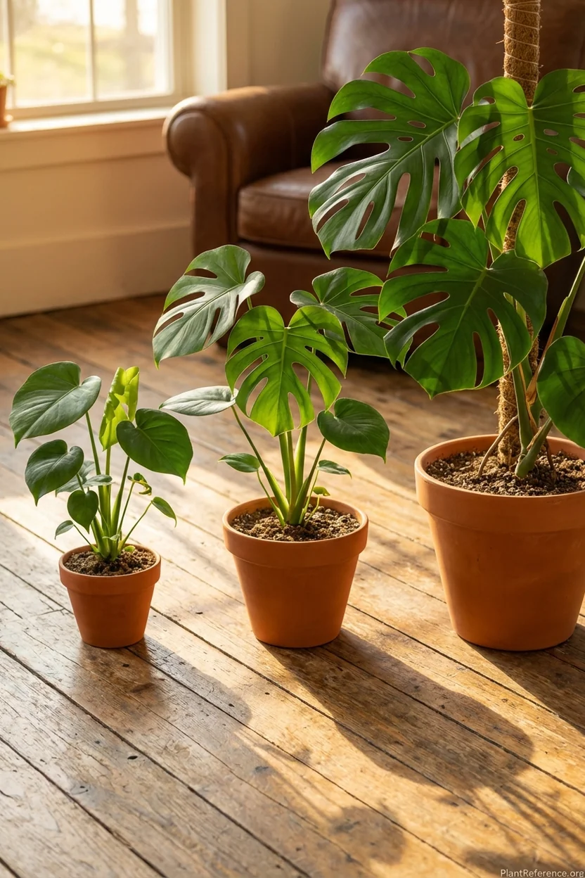 Three different sized pots showing proper monstera pot sizing from juvenile to mature plant