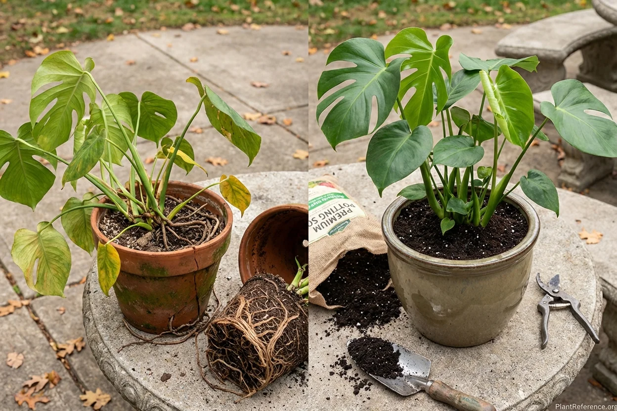 Comparison showing rootbound monstera versus healthy plant after repotting to proper sized pot