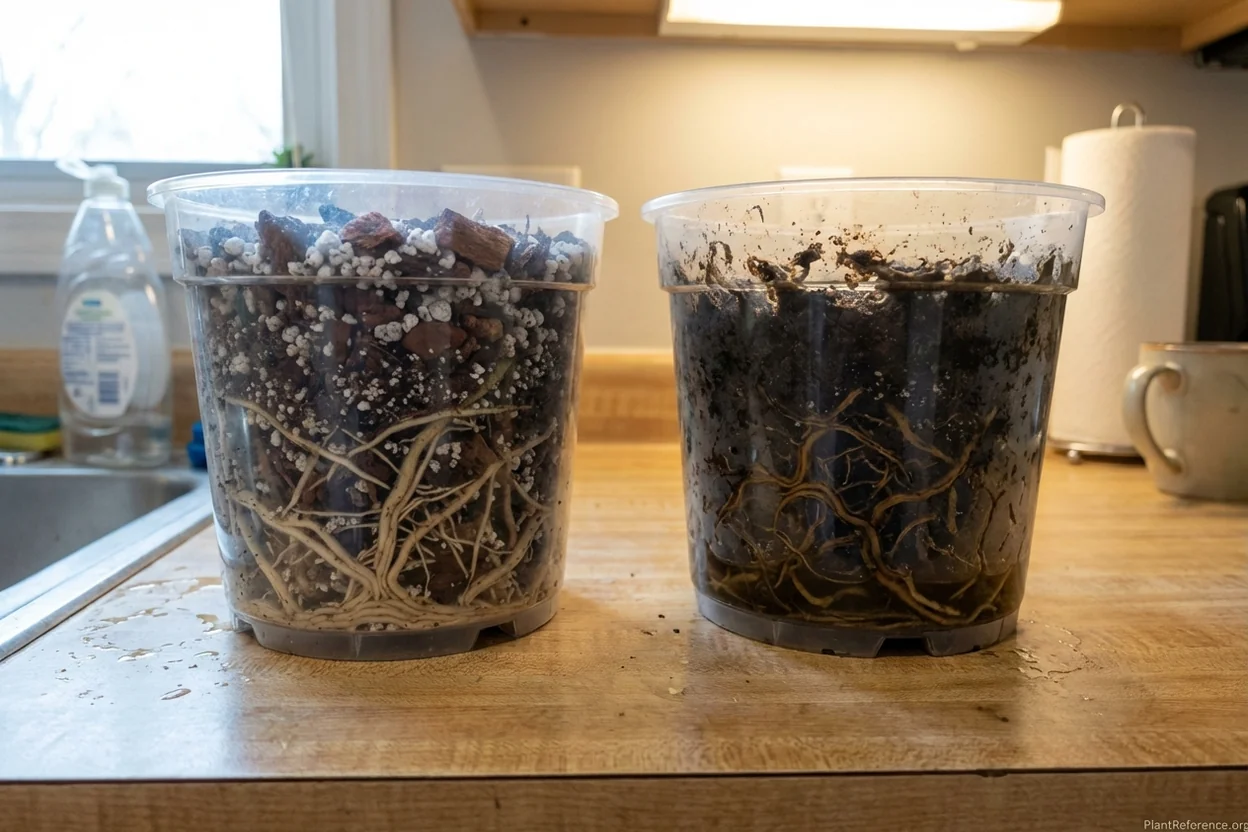 Comparison of healthy monstera roots in draining pot versus root rot in poor drainage pot