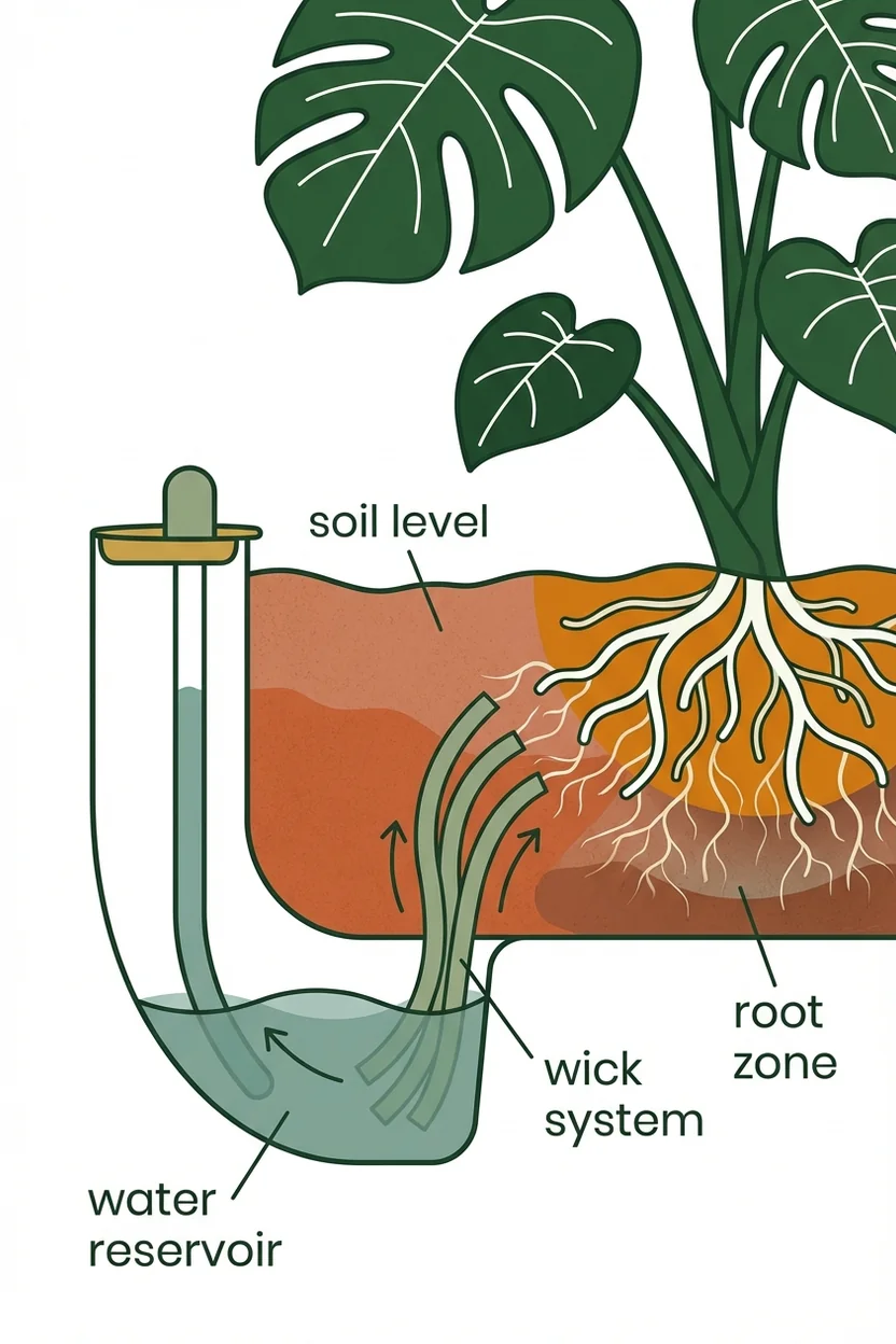 Cross-section of self-watering pot showing reservoir system and monstera root development