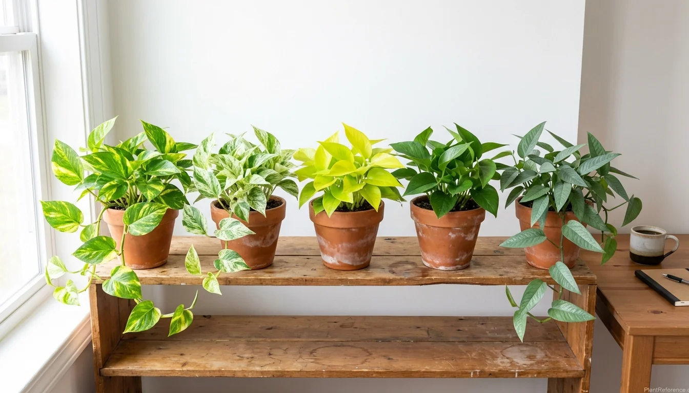 Five best pothos varieties showing golden, marble queen, neon, jade and Cebu blue with distinct leaf patterns