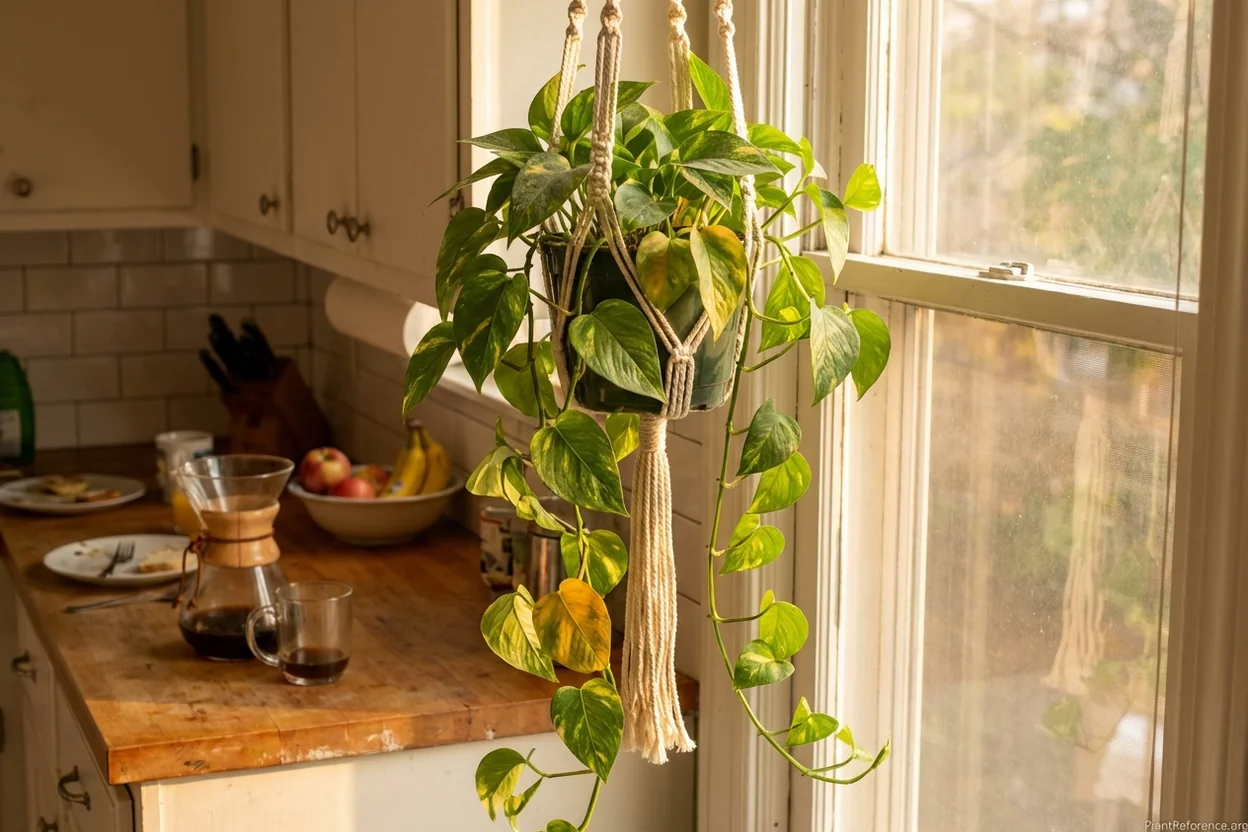 Golden pothos in macrame hanger showing yellow variegated leaves perfect for beginners