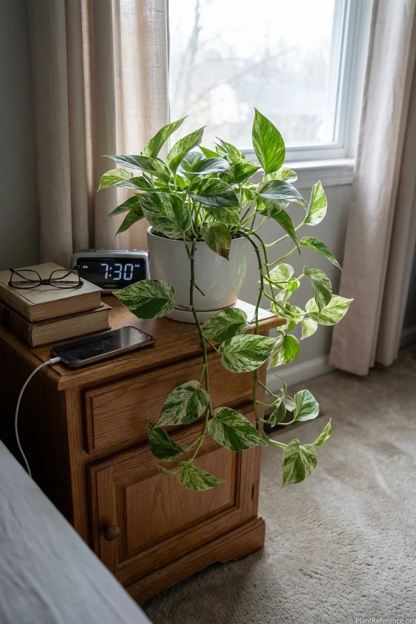 Marble queen pothos with white and green marbled leaves requiring bright indirect light