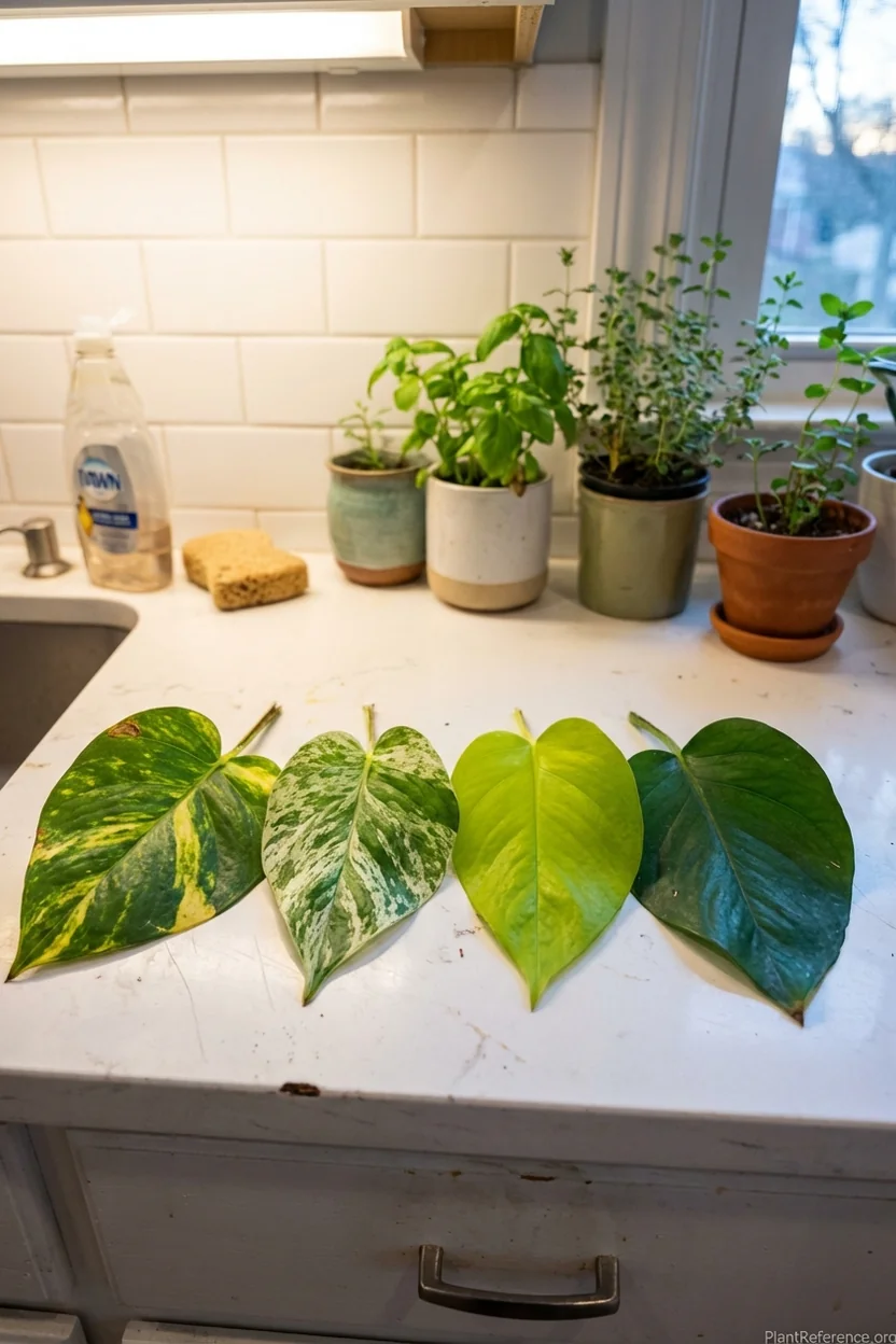 Pothos varieties comparison showing golden, marble queen, neon and jade leaf differences