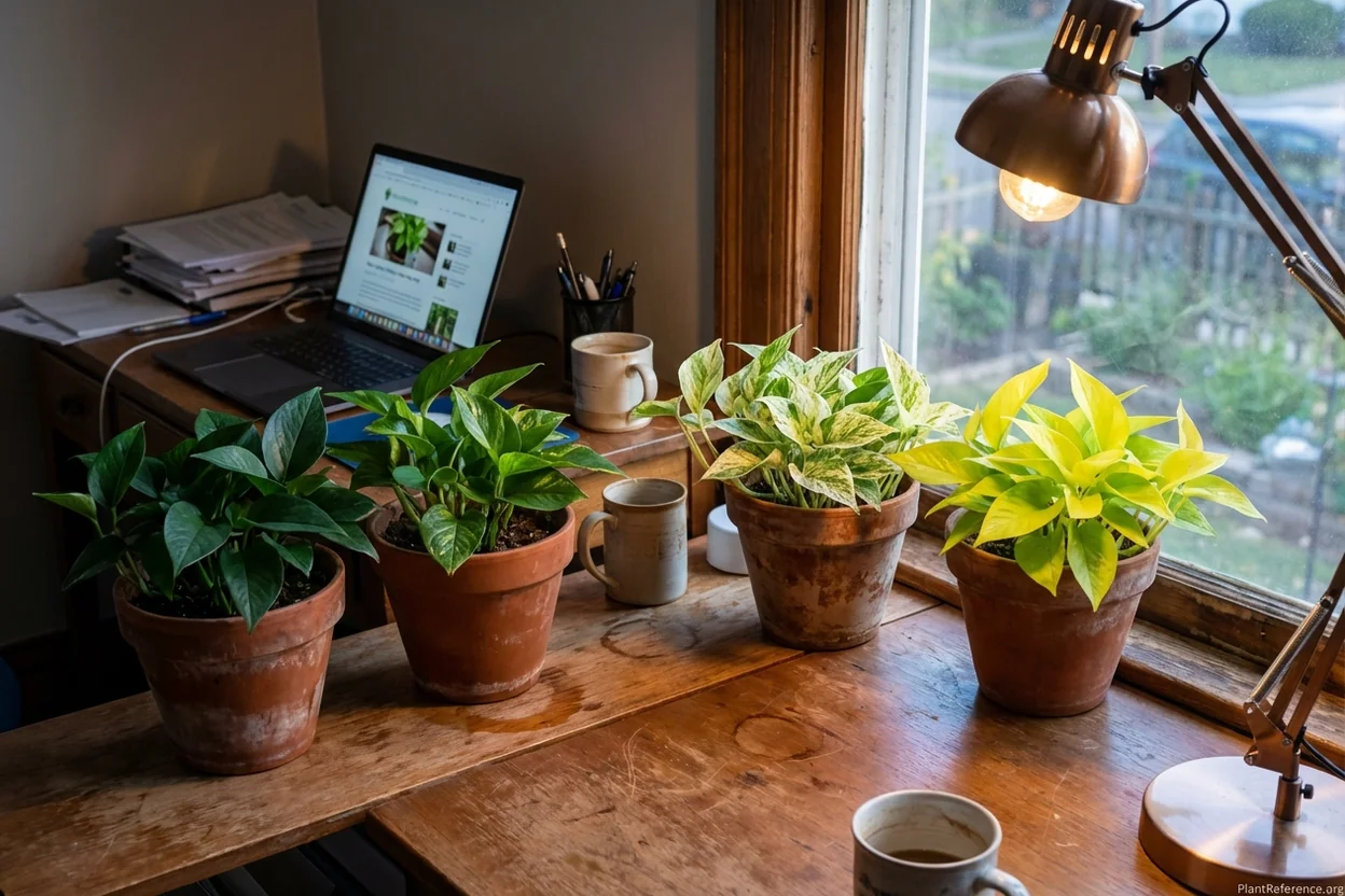 Pothos varieties organized by light needs showing jade for low light and marble queen for bright conditions