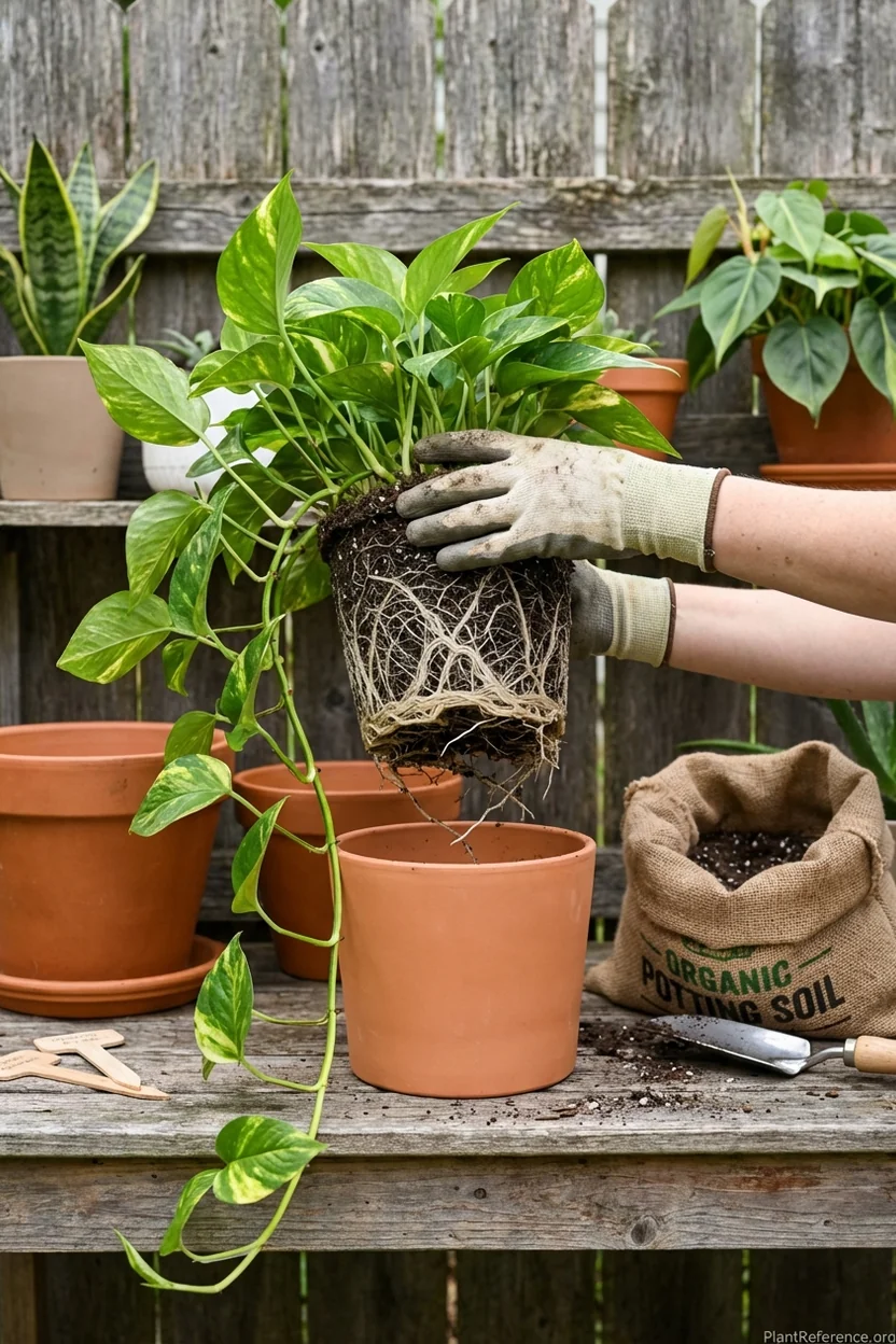 Hands lifting pothos from pot to check root system and determine if repotting to larger container is needed