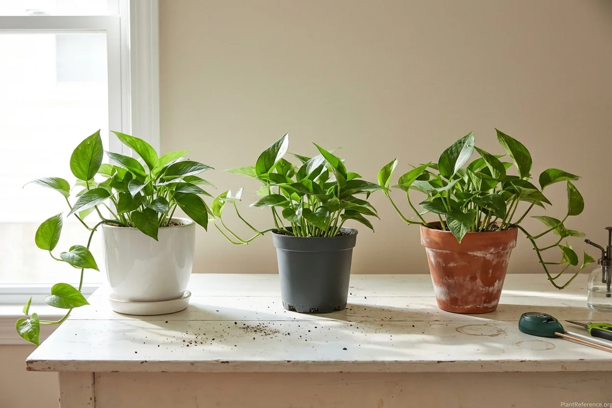 Three identical pothos plants in ceramic, plastic, and terracotta pots showing how material affects plant growth and health