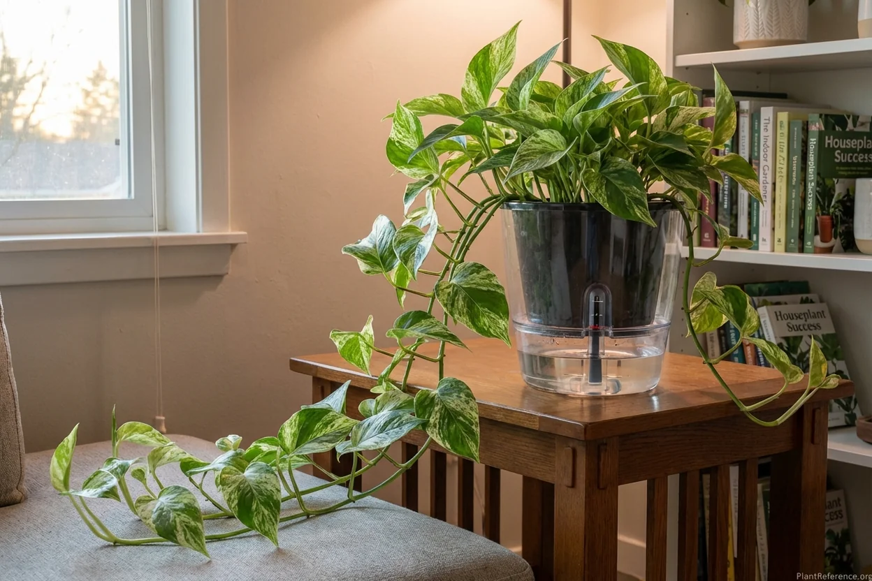 Pothos plant showing healthy growth progression in self-watering pot system over time