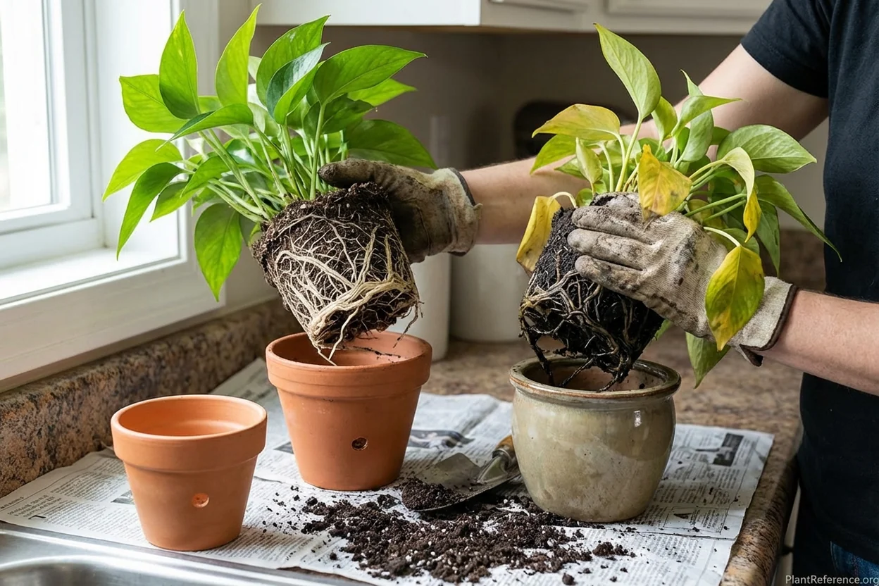 Side-by-side comparison of healthy white pothos roots in proper pot versus black rotting roots from poor drainage