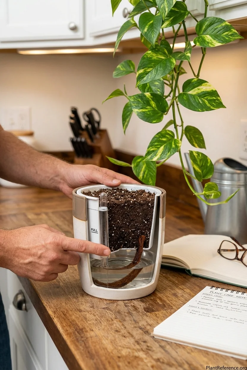 Close-up of self-watering pot showing water level indicator gauge and internal watering system for pothos care