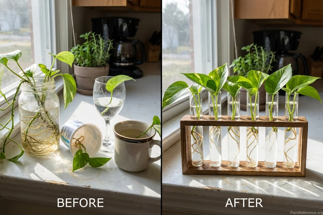 Comparison of messy jar propagation versus organized propagation station with multiple pothos cuttings