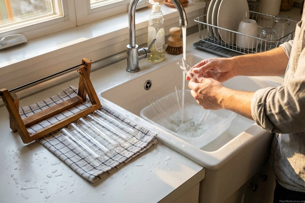 Hands cleaning glass propagation tubes with soapy water as part of regular maintenance routine