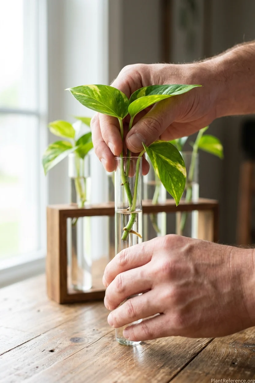 Hands demonstrating proper pothos cutting placement in glass propagation tube with visible nodes below waterline