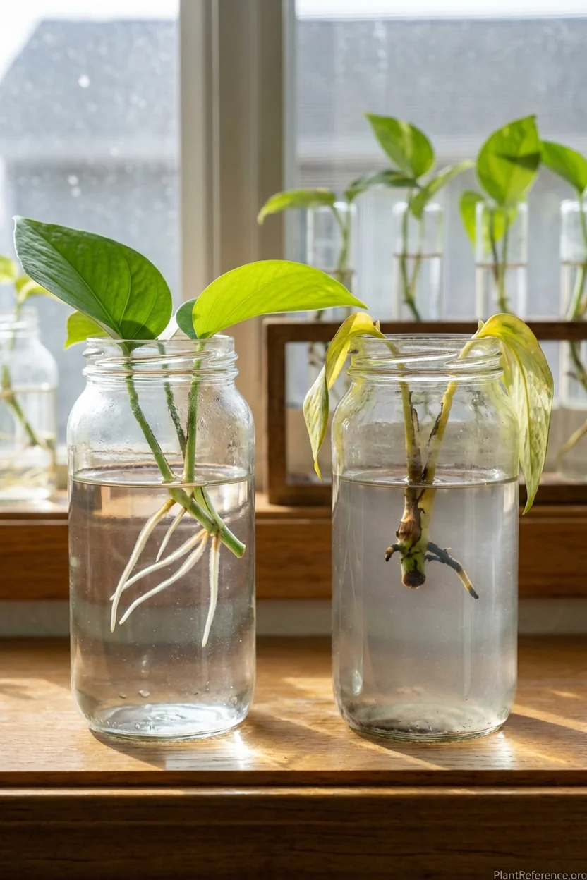 Comparison of healthy propagation progress versus common problems like bacterial growth and root rot in glass vessels