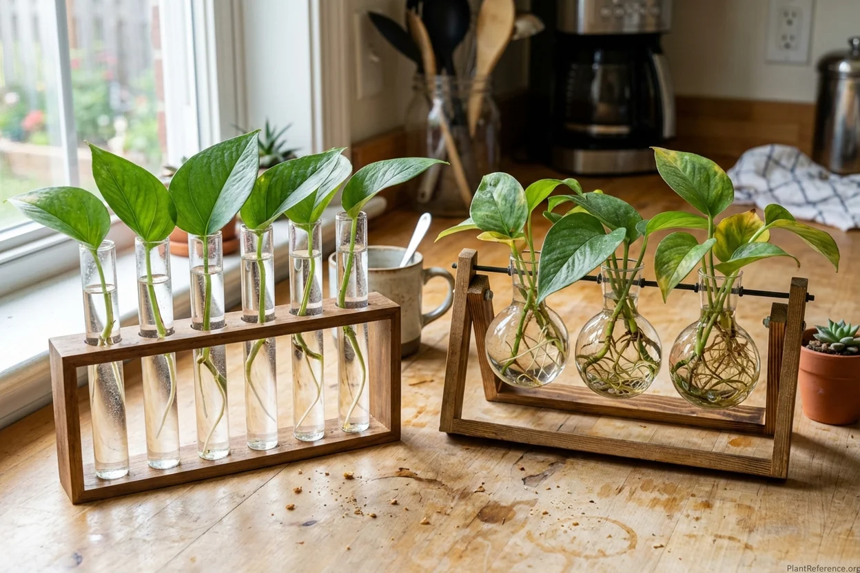 Comparison of root development in test tube propagation versus glass vessel propagation for pothos cuttings
