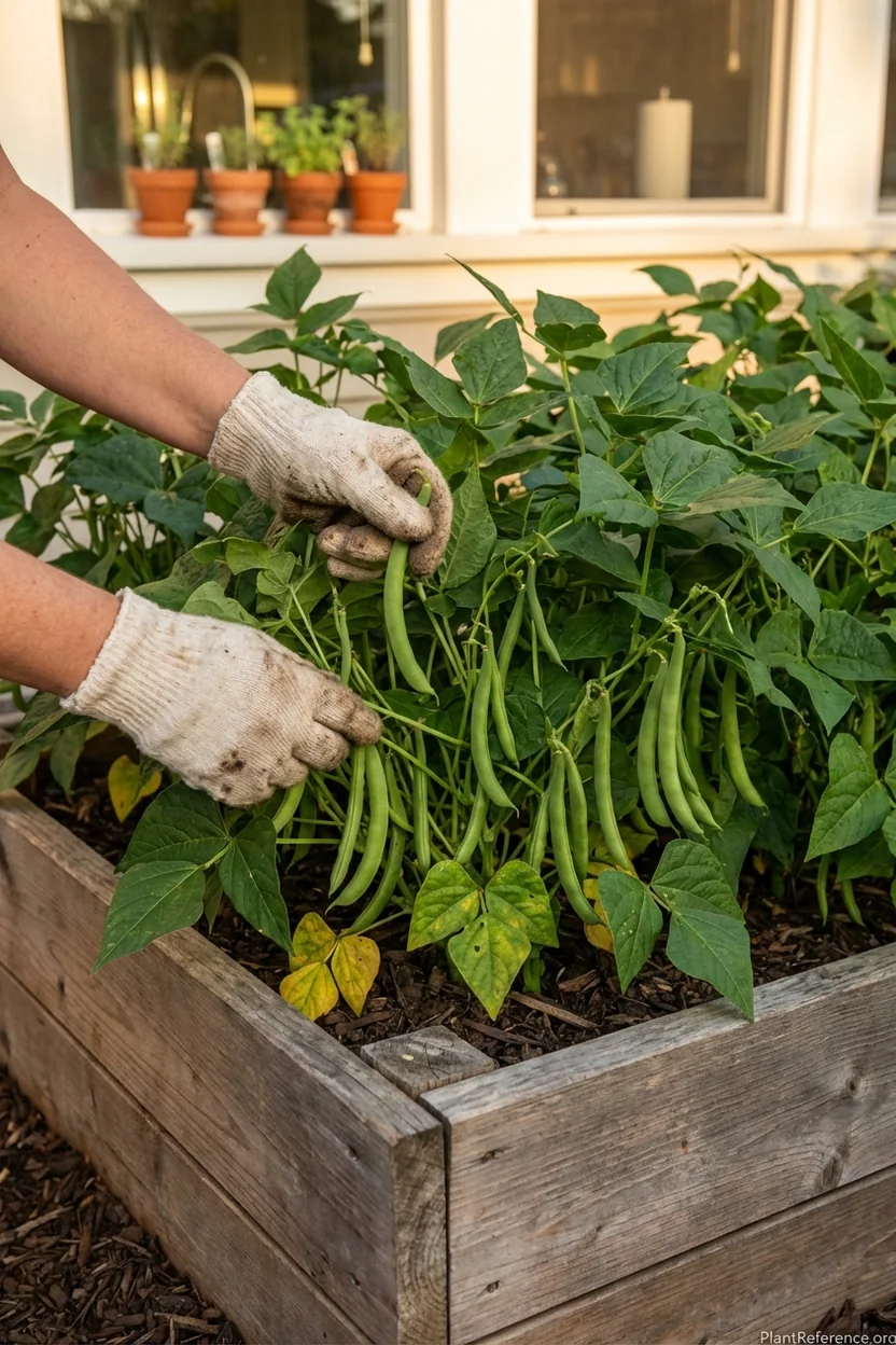 Productive bush bean plants loaded with green bean pods in well-maintained raised bed garden