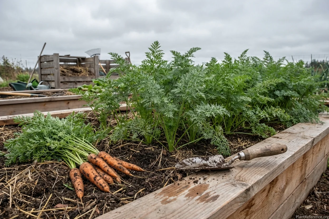 Carrot plants with green tops growing in organized rows in raised bed, some harvested carrots showing root development