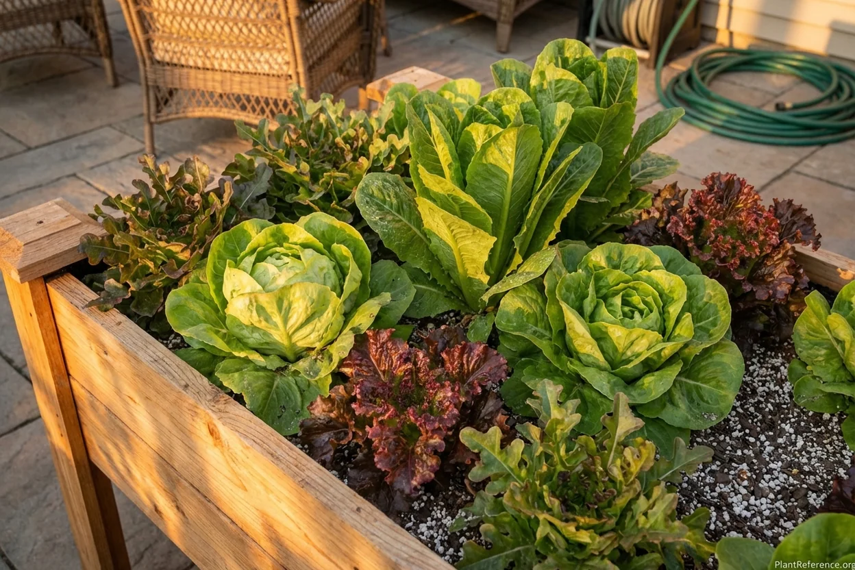 Multiple lettuce varieties growing in raised bed including butterhead, romaine, and leaf lettuce types